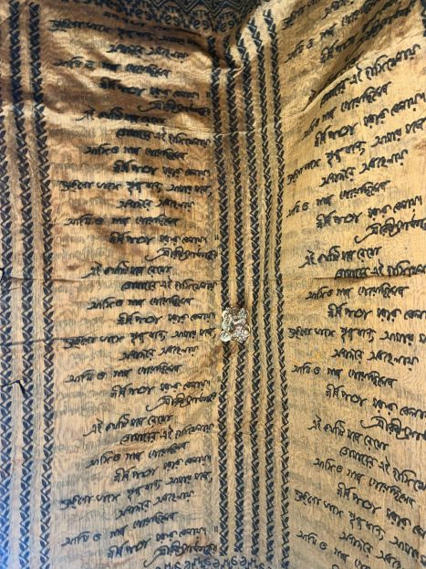 Rabindranath Tagore's Poem printed Cotton Saree - Mustard Yellow and Red