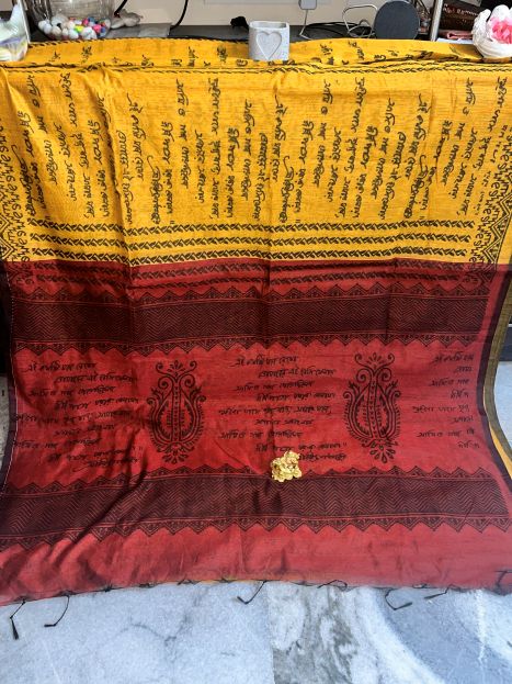 Rabindranath Tagore's Poem printed Cotton Saree - Mustard Yellow and Red