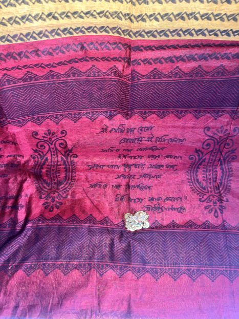 Rabindranath Tagore's Poem printed Cotton Saree - Mustard Yellow and Red