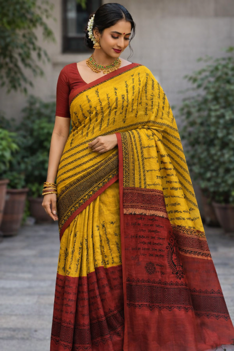 Rabindranath Tagore's Poem printed Cotton Saree - Mustard Yellow and Red