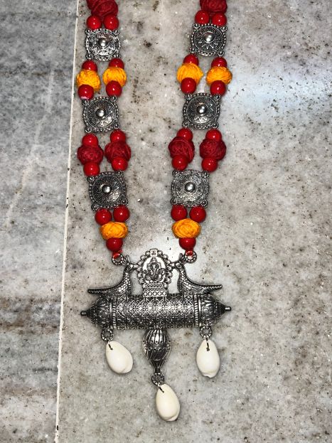 Handcrafted Oxidised Jewellery Necklace & Earring Set - Red and Yellow1