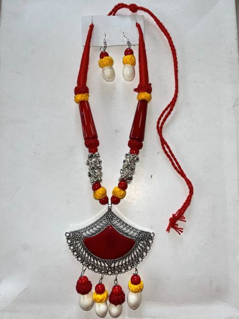 Handcrafted Oxidised Jewellery Necklace & Earring Set - Red and Yellow2
