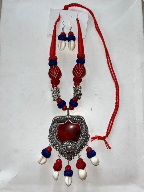 Handcrafted Oxidised Jewellery Necklace & Earring Set - Red and Blue