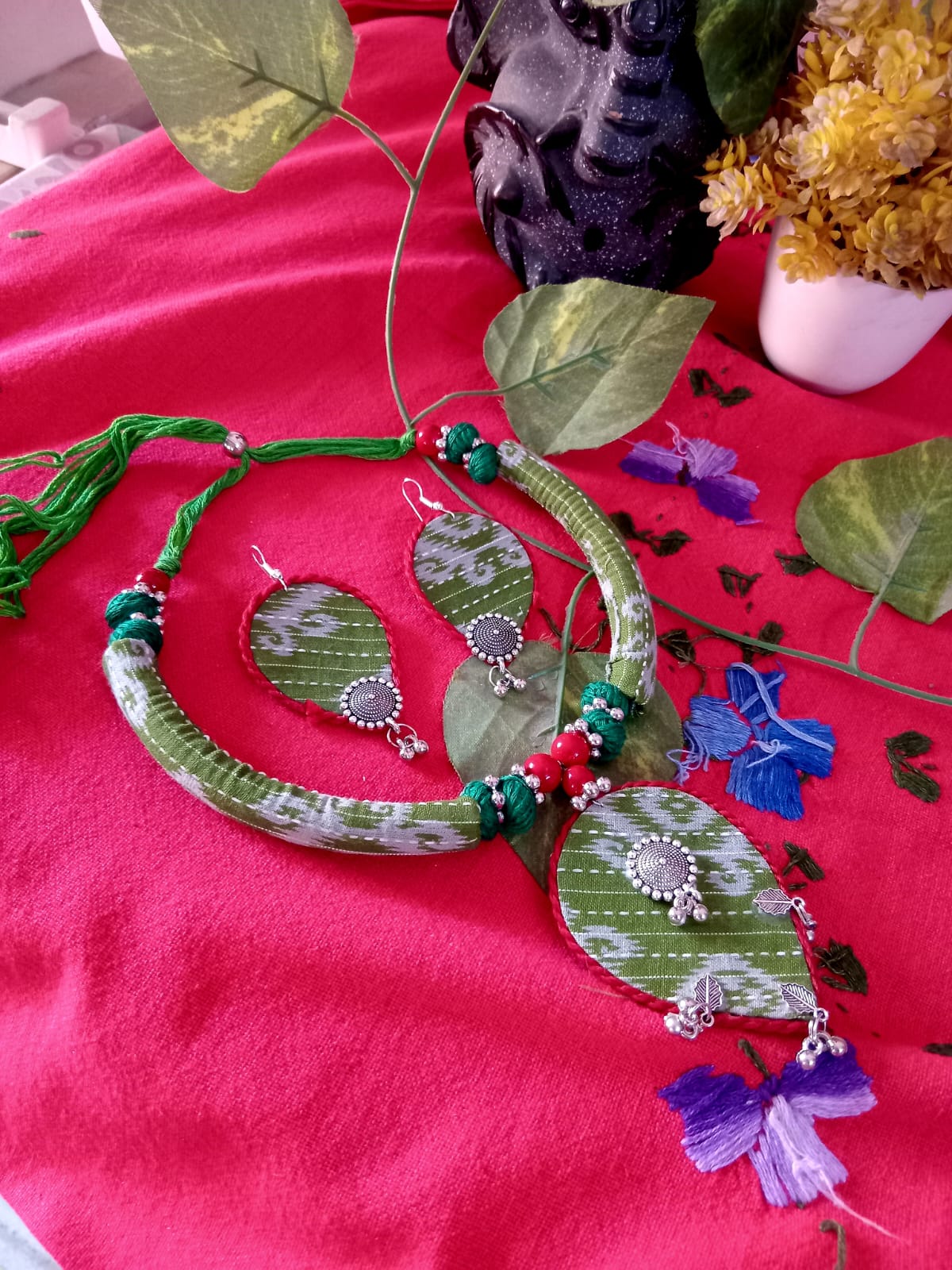Handcrafted Cloth Jewellery Set - Choker - Light Green