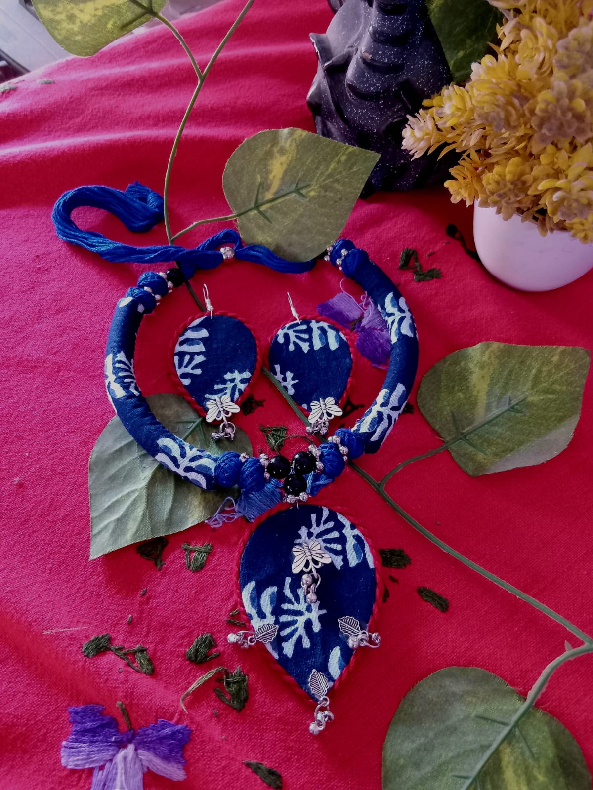 Handcrafted Cloth Jewellery Set - Choker - Blue