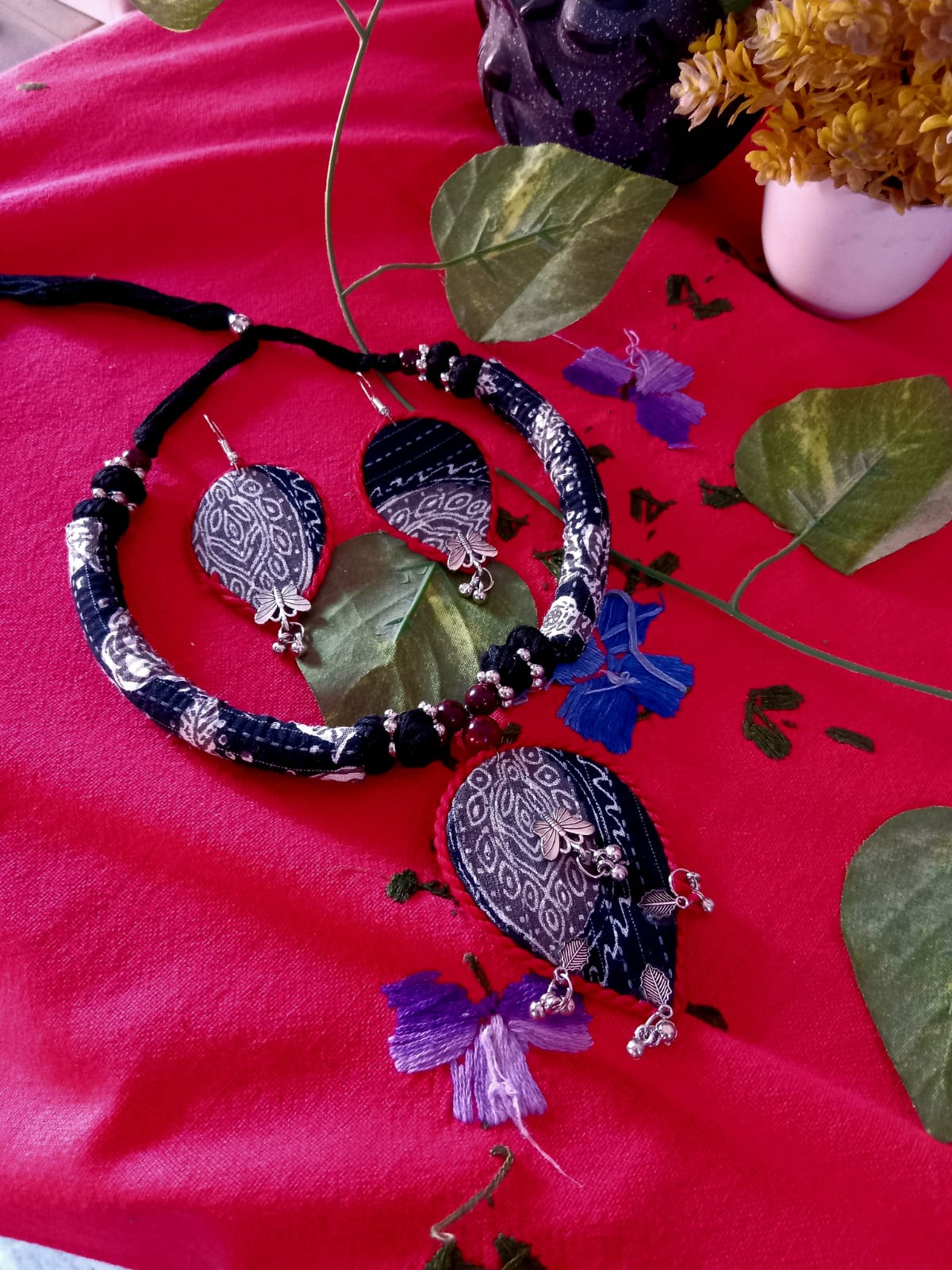 Handcrafted Cloth Jewellery Set - Choker - Navy Blue