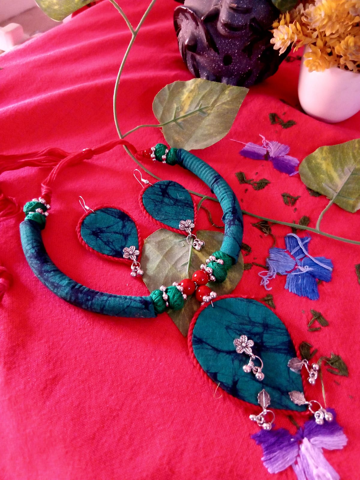 Handcrafted Cloth Jewellery Set - Choker - Dark Green