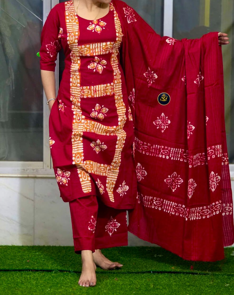 Batik Printed Kurti Plazzo and Dupatta Set in premium cotton fabric - Red1