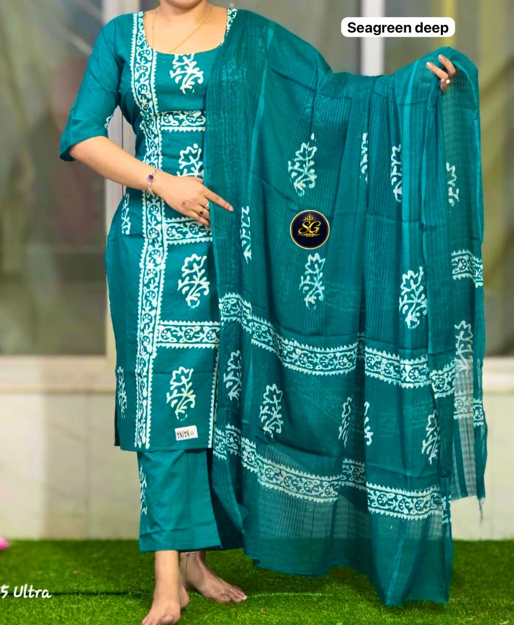 Batik Printed Kurti Plazzo and Dupatta Set in premium cotton fabric - Ocean Green