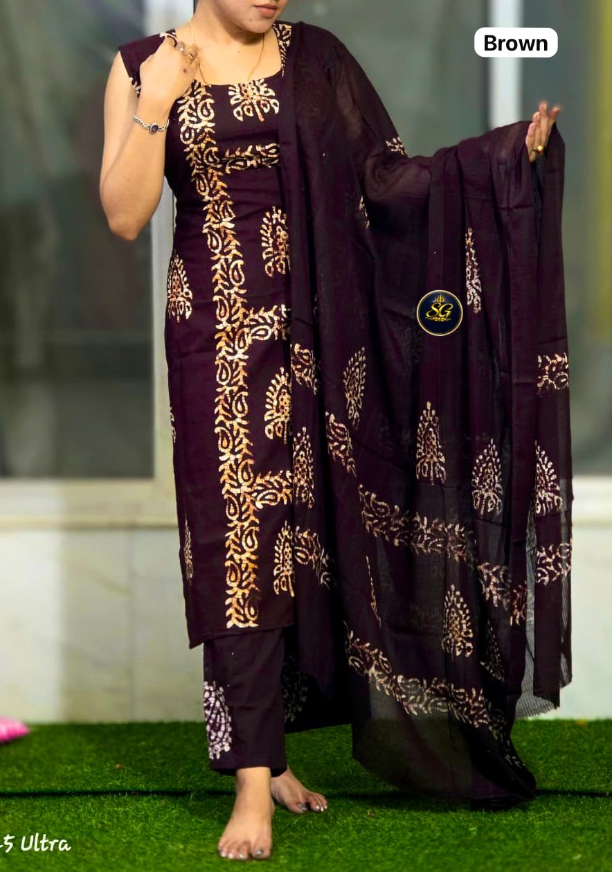 Batik Printed Kurti Plazzo and Dupatta Set in premium cotton fabric - Magenda2