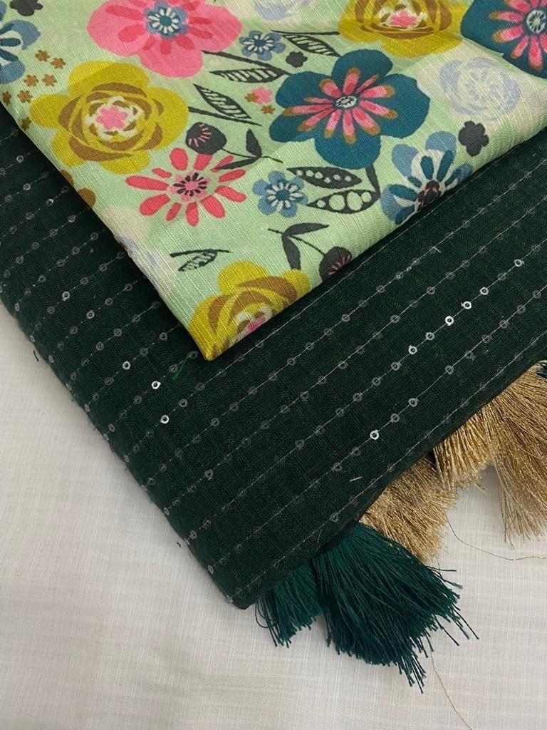 Linen Saree with Self Weaving Checks & Golden Border - SKU8