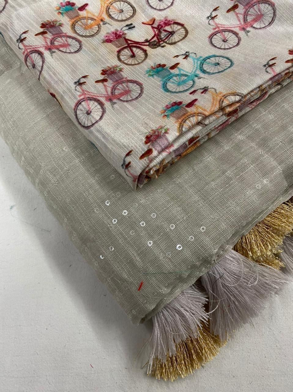 Linen Saree with Self Weaving Checks & Golden Border - SKU10