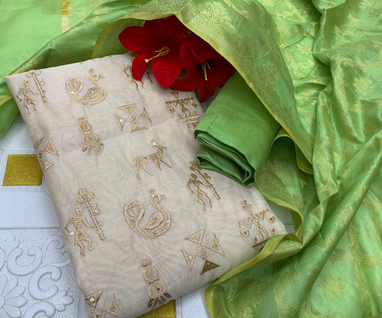 Designer Silk Suit Set with Warli Embroidery & Banarasi Dupatta