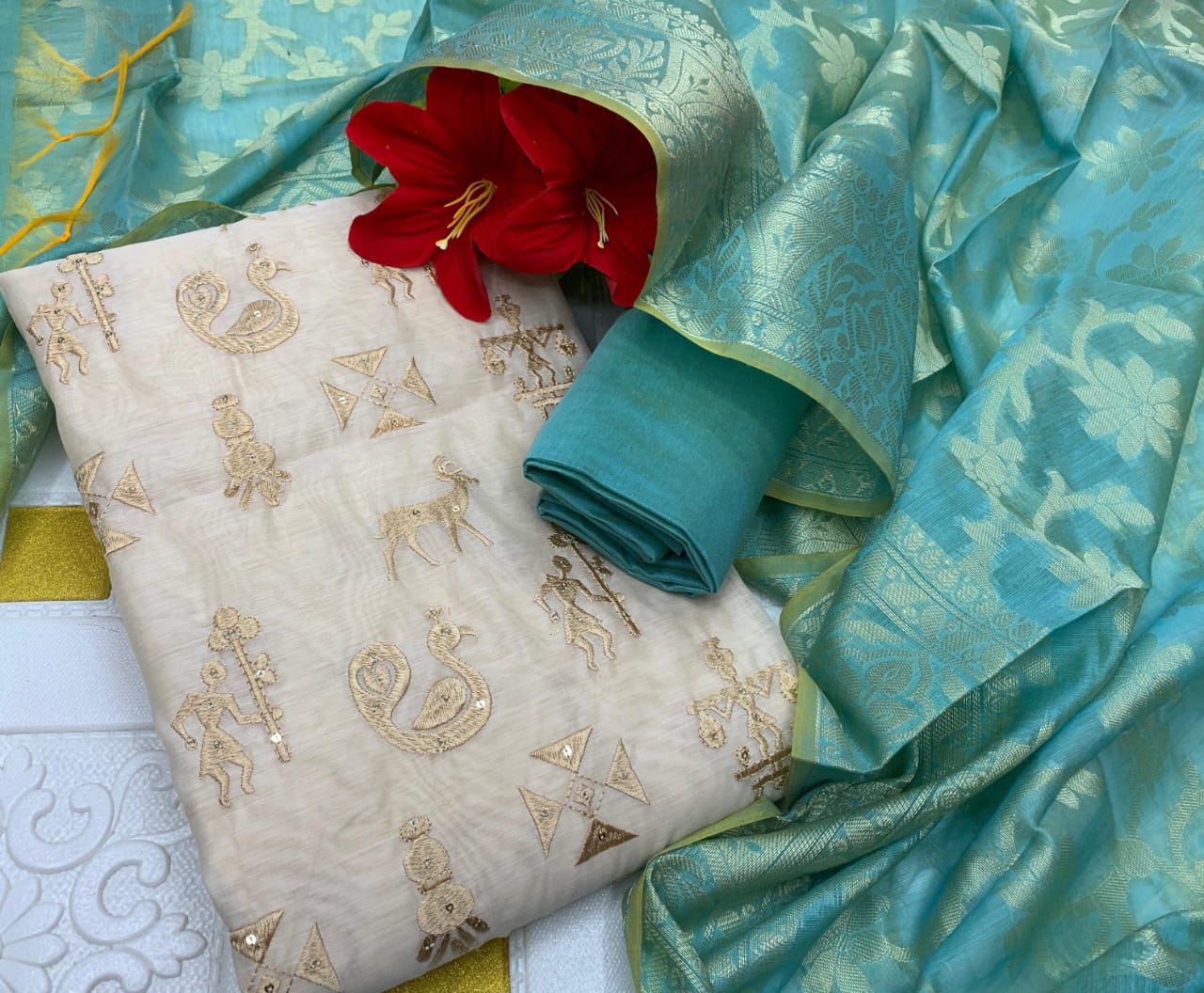 Designer Silk Suit Set with Warli Embroidery & Banarasi Dupatta - Ocean Blue