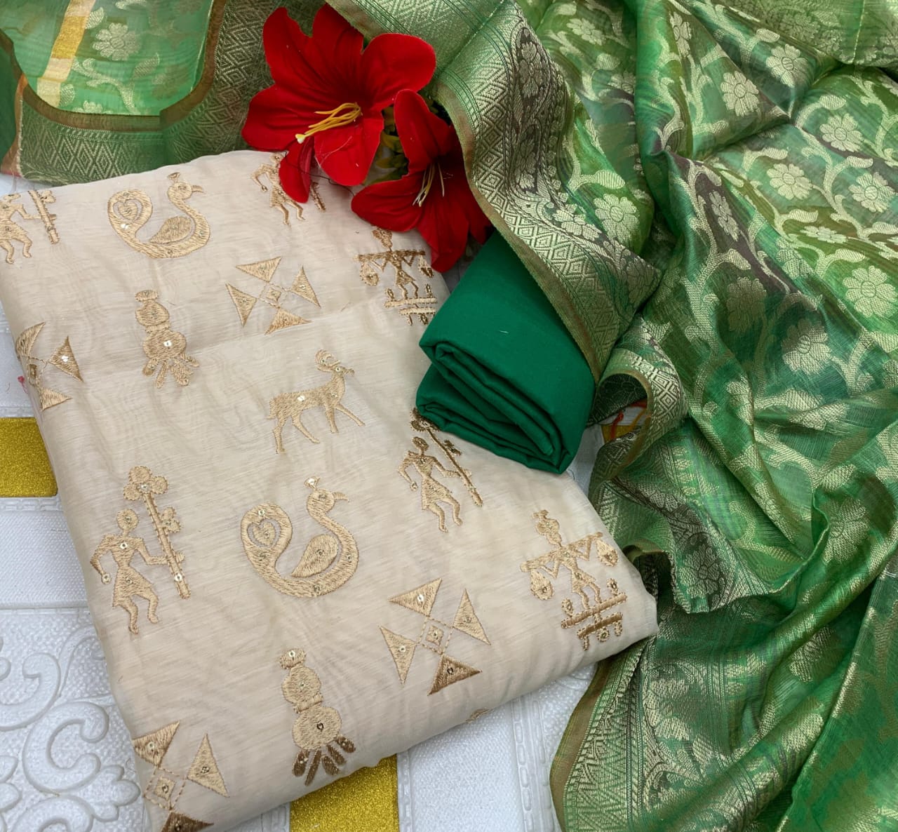 Designer Silk Suit Set with Warli Embroidery & Banarasi Dupatta - Green