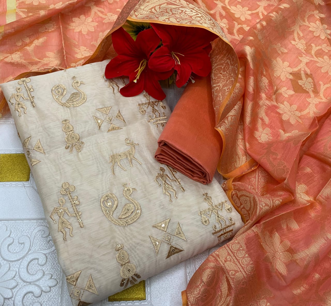 Designer Silk Suit Set with Warli Embroidery & Banarasi Dupatta - Peach