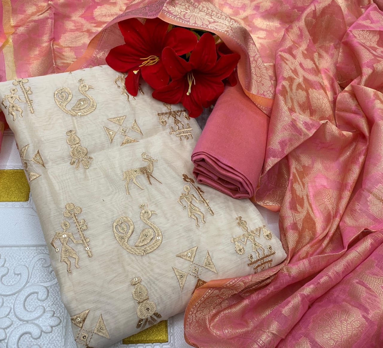 Designer Silk Suit Set with Warli Embroidery & Banarasi Dupatta - Pink