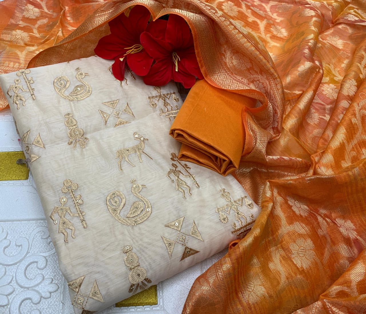 Designer Silk Suit Set with Warli Embroidery & Banarasi Dupatta - Light Orange