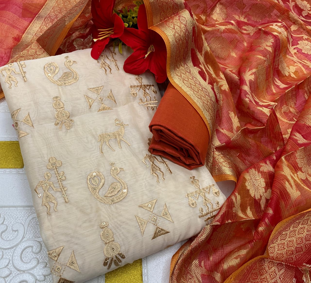 Designer Silk Suit Set with Warli Embroidery & Banarasi Dupatta - Orange