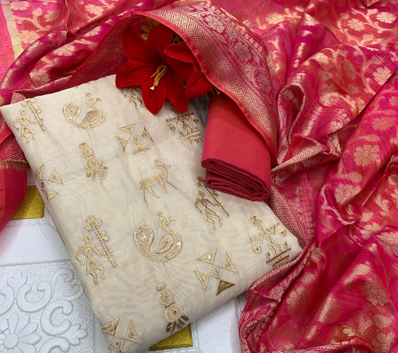 Designer Silk Suit Set with Warli Embroidery & Banarasi Dupatta - Dark Pink