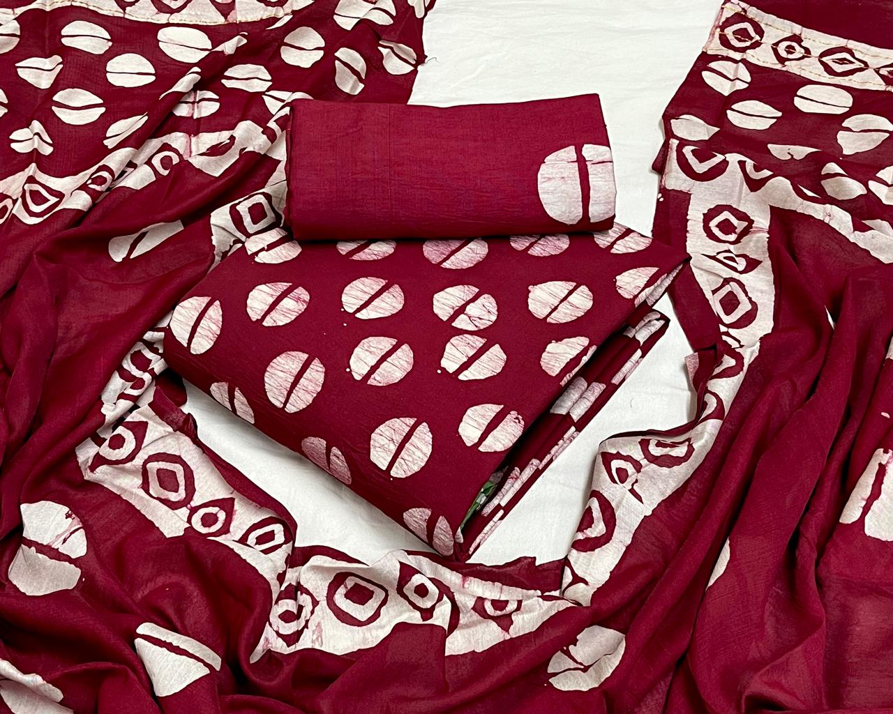 Modal Silk Batik Print Dress Material Set - Maroon