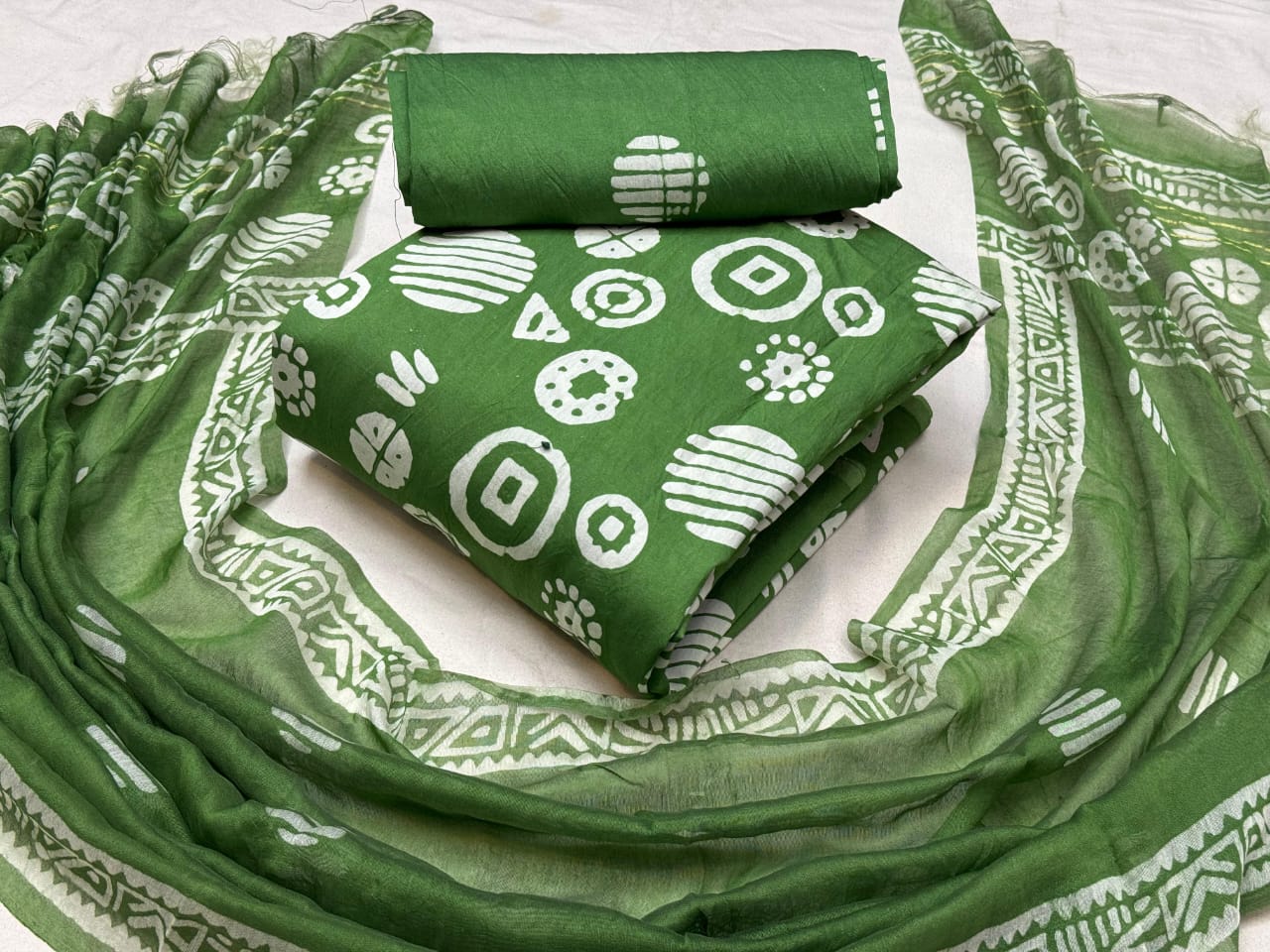 Modal Silk Batik Print Dress Material Set - Green