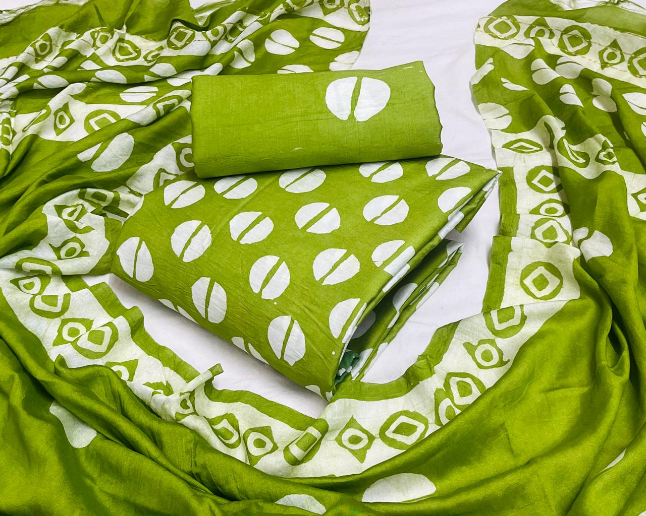 Modal Silk Batik Print Dress Material Set - Light Green1