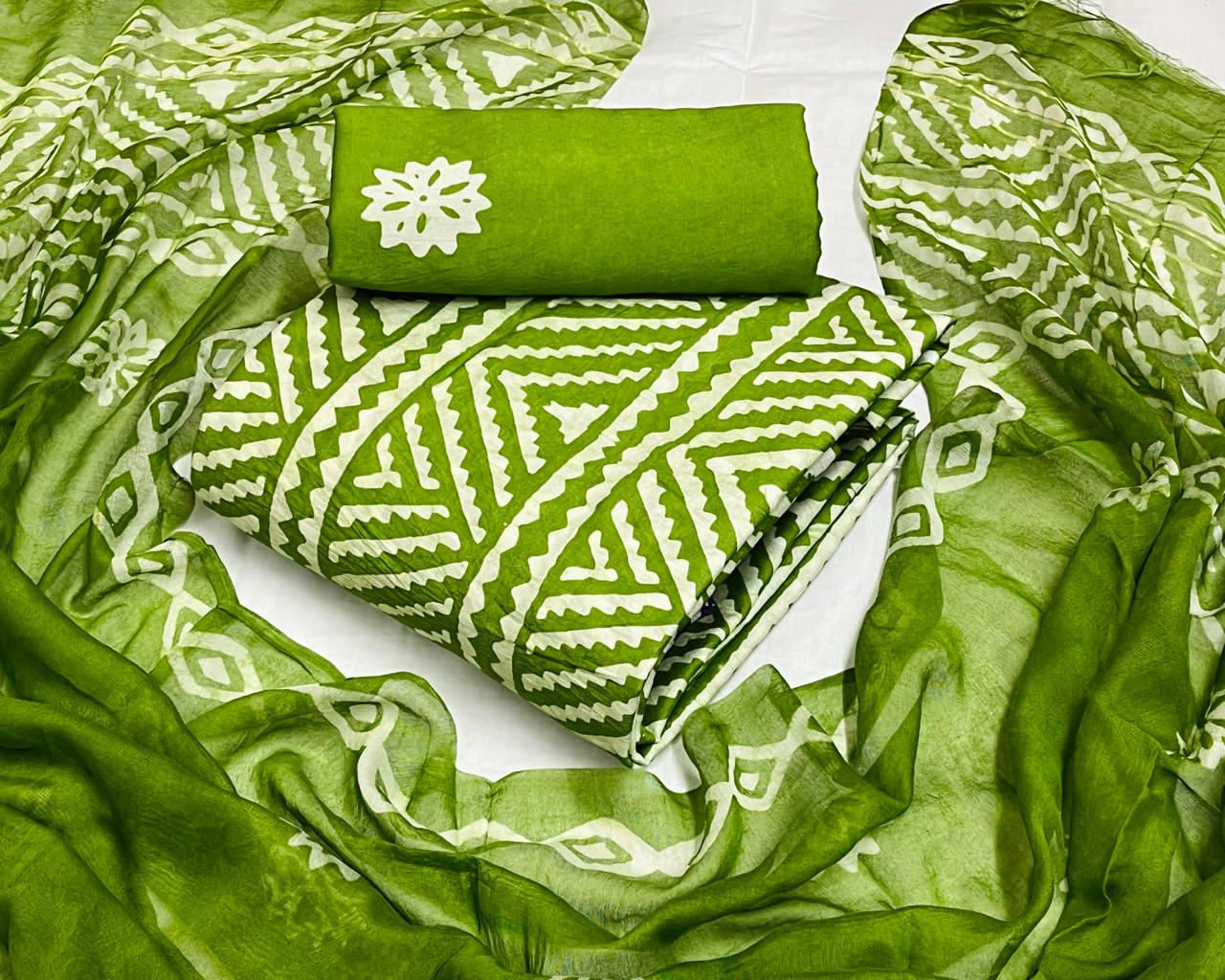 Modal Silk Batik Print Dress Material Set - Light Green2