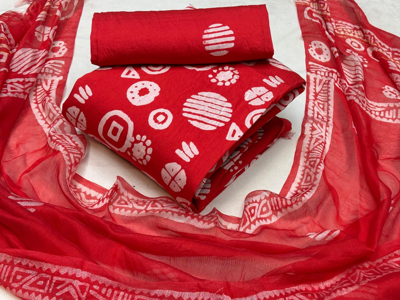 Modal Silk Batik Print Dress Material Set - Red