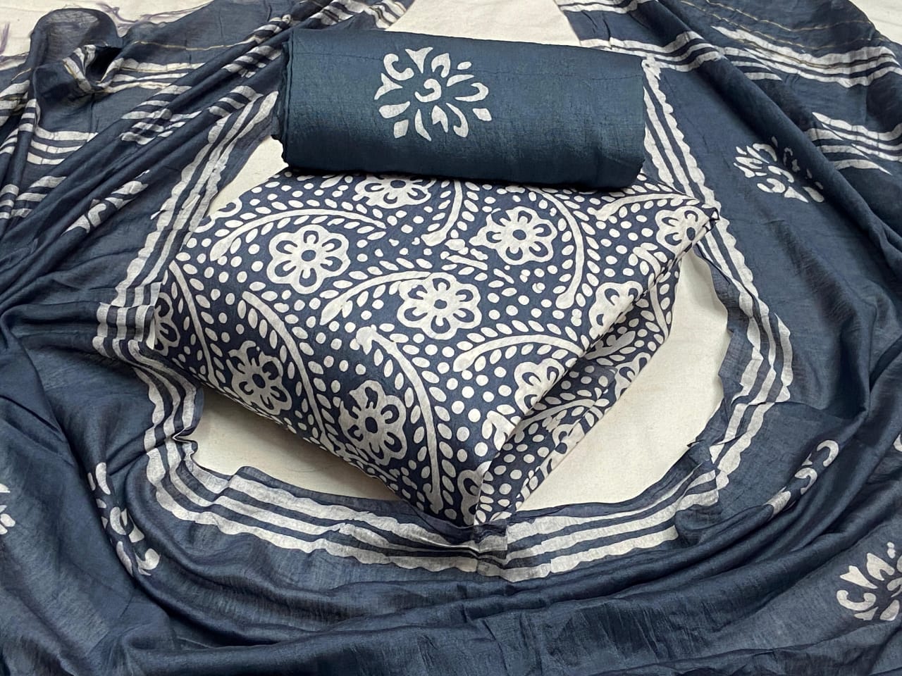 Modal Silk Batik Print Dress Material Set - Grey1