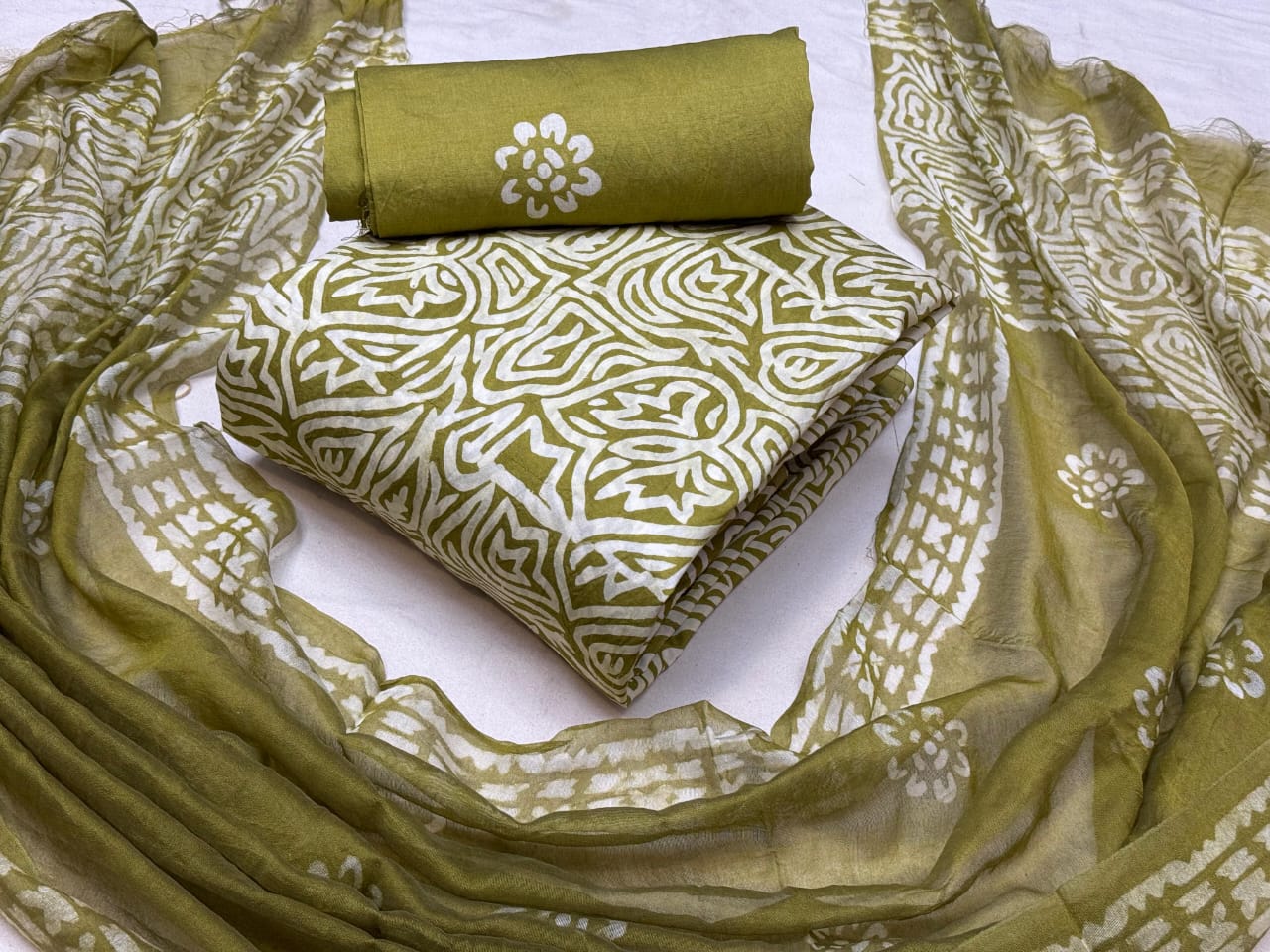 Modal Silk Batik Print Dress Material Set - Sage Green