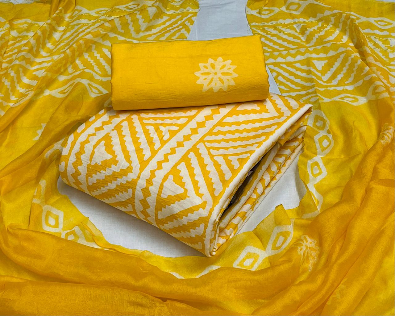 Modal Silk Batik Print Dress Material Set - Yellow