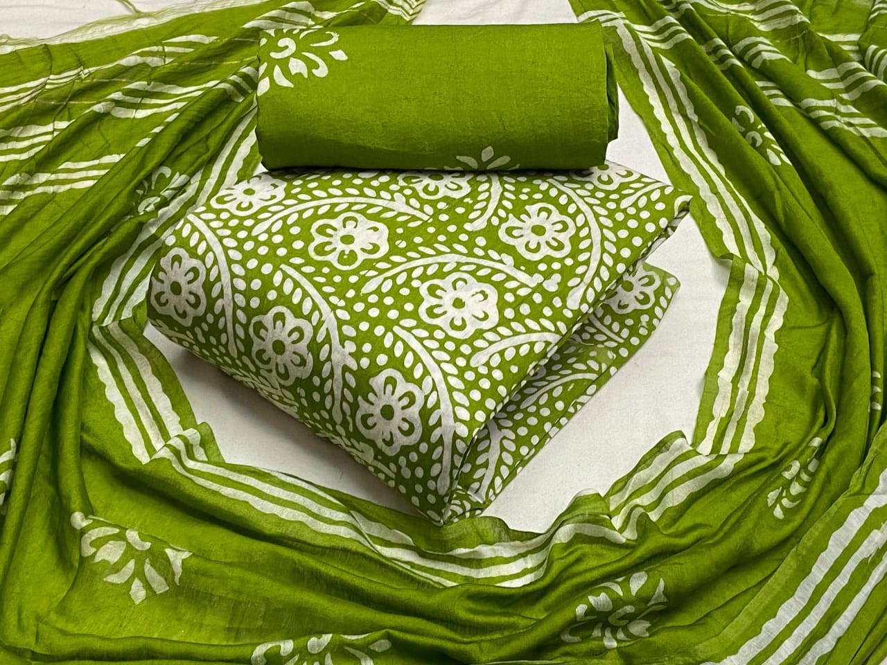 Modal Silk Batik Print Dress Material Set - Light Green3