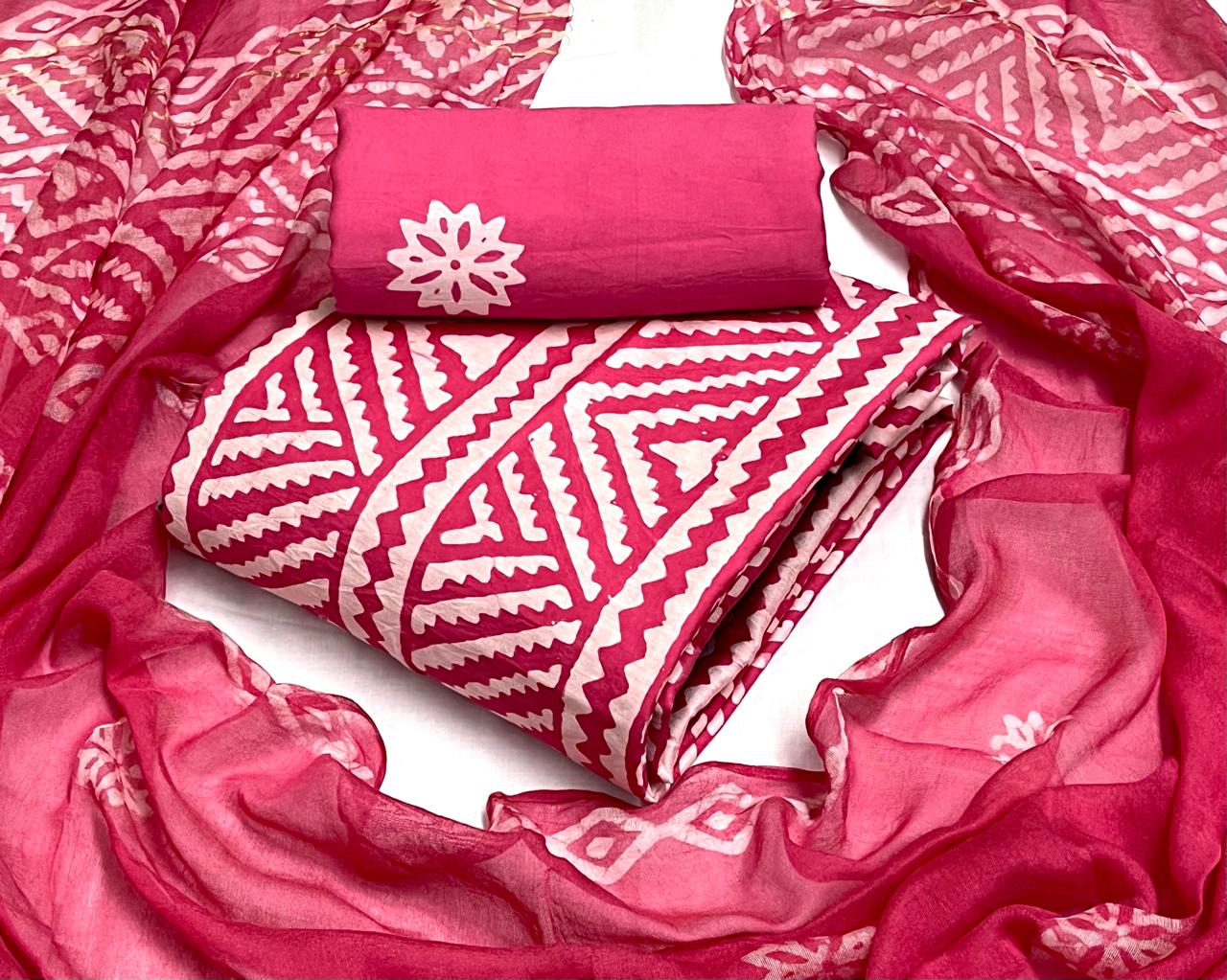 Modal Silk Batik Print Dress Material Set - Pink