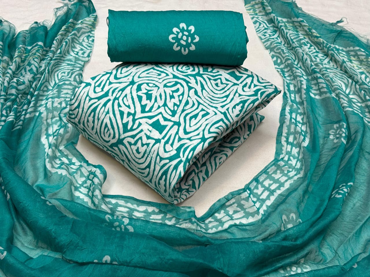 Modal Silk Batik Print Dress Material Set - Ocean Green