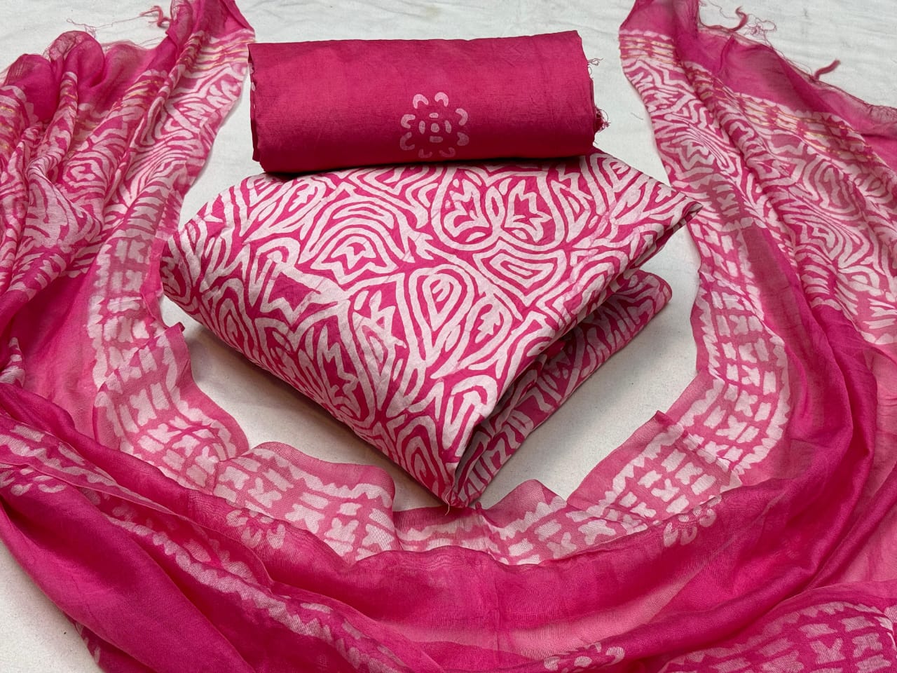 Modal Silk Batik Print Dress Material Set - Pink2