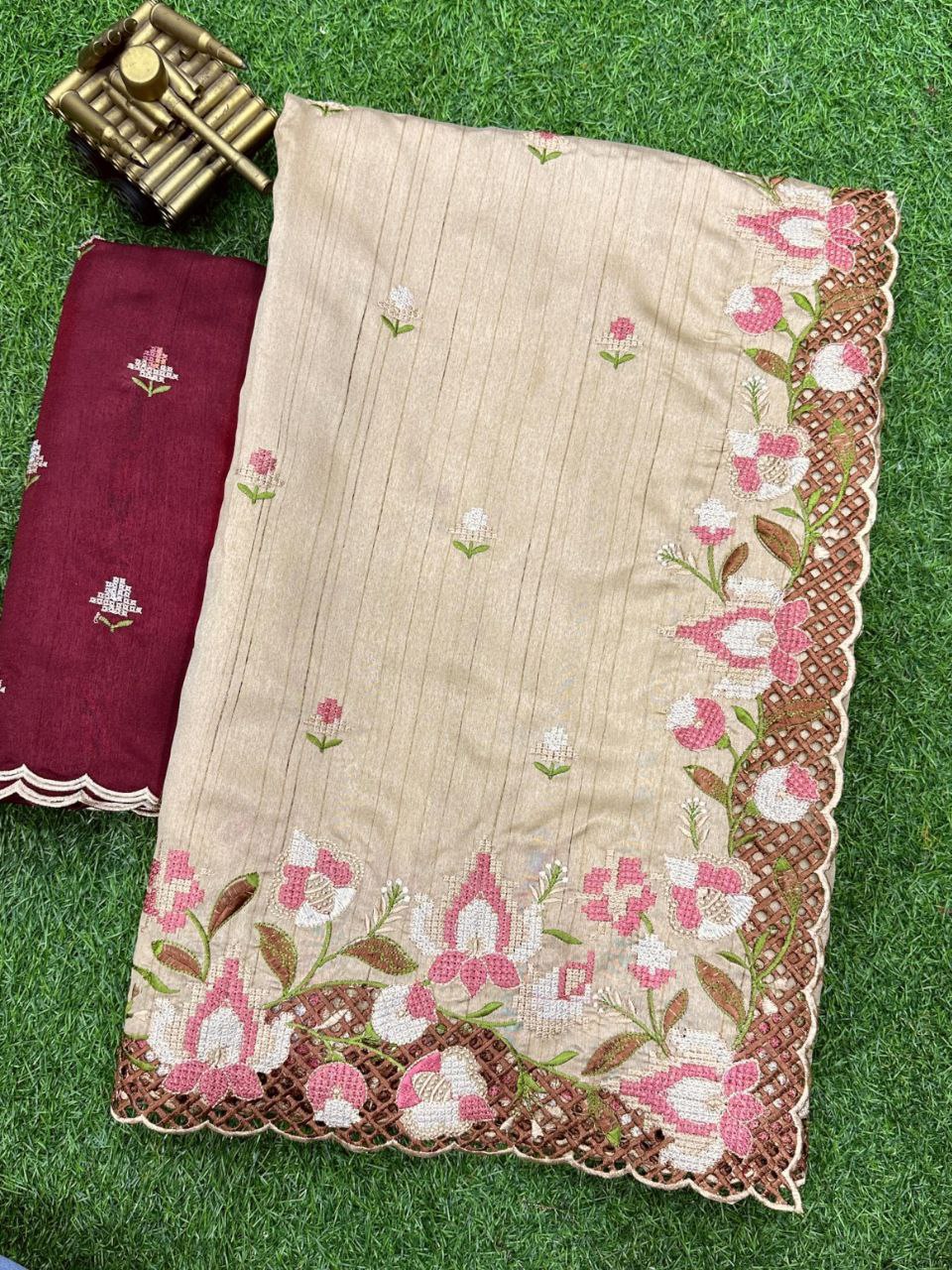 Elegant Cut Work Visca Slub Silk Saree with Embroidered Blouse - Off White