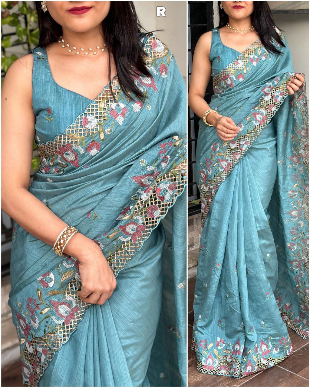 Elegant Cut Work Visca Slub Silk Saree with Embroidered Blouse - Sky