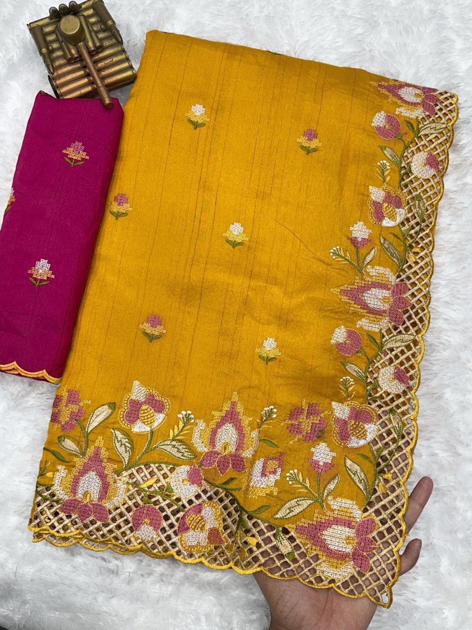 Elegant Cut Work Visca Slub Silk Saree with Embroidered Blouse - Yellow
