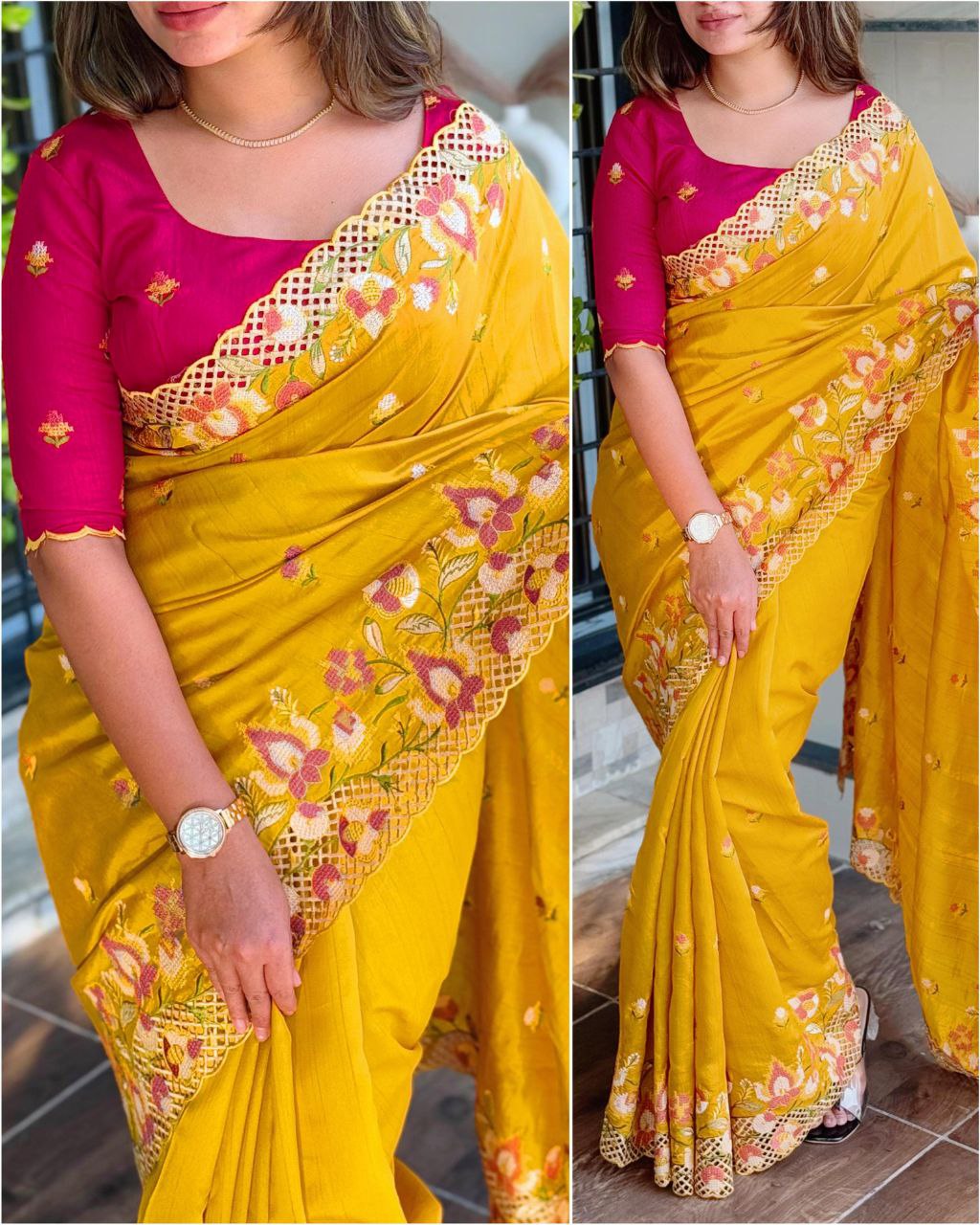 Elegant Cut Work Visca Slub Silk Saree with Embroidered Blouse - Yellow