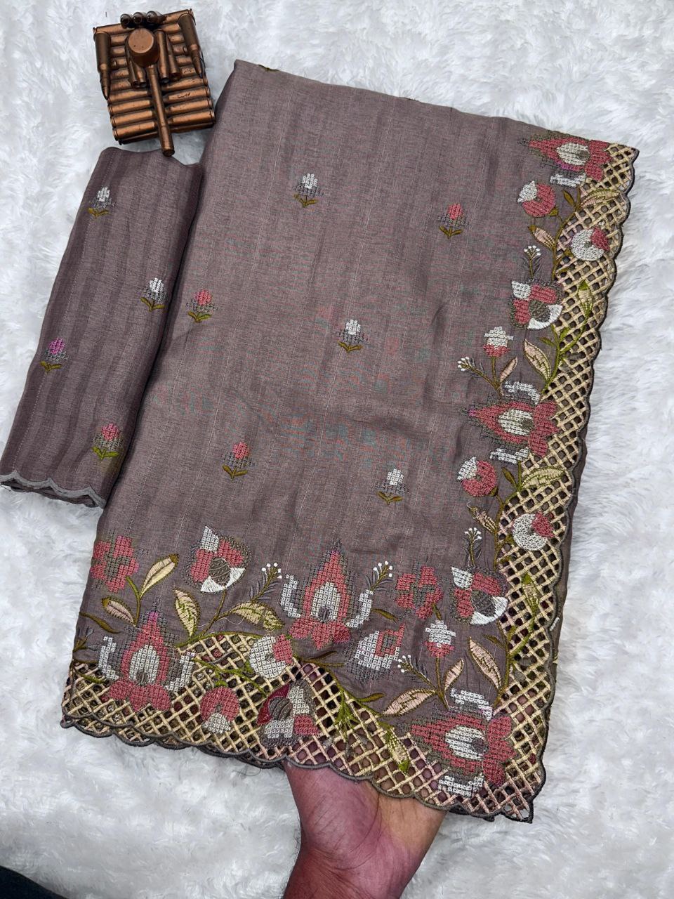 Elegant Cut Work Visca Slub Silk Saree with Embroidered Blouse - Grey