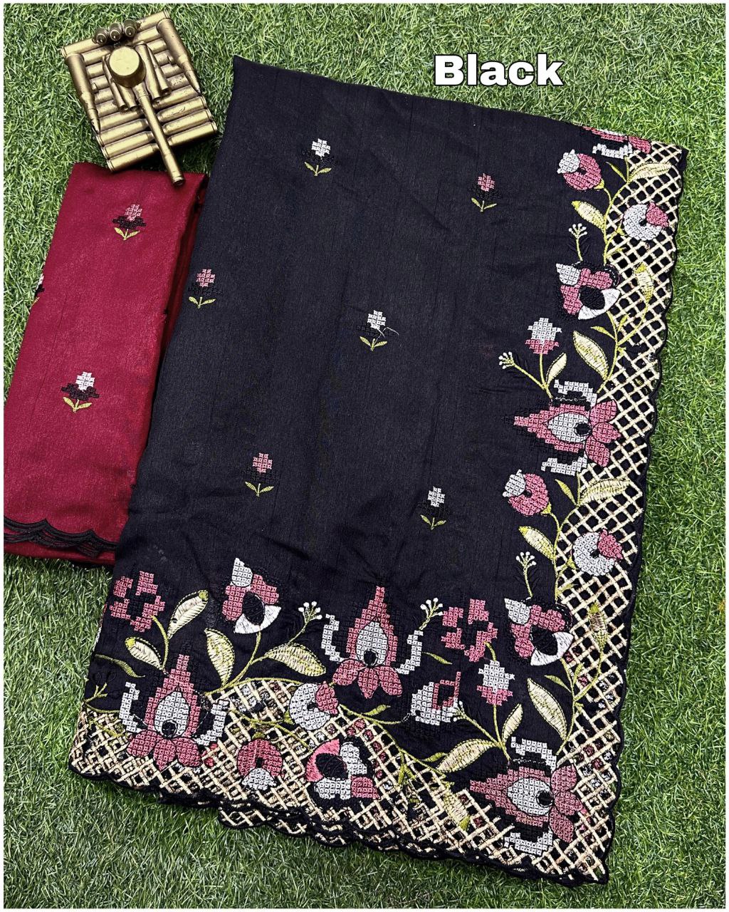 Elegant Cut Work Visca Slub Silk Saree with Embroidered Blouse - Black