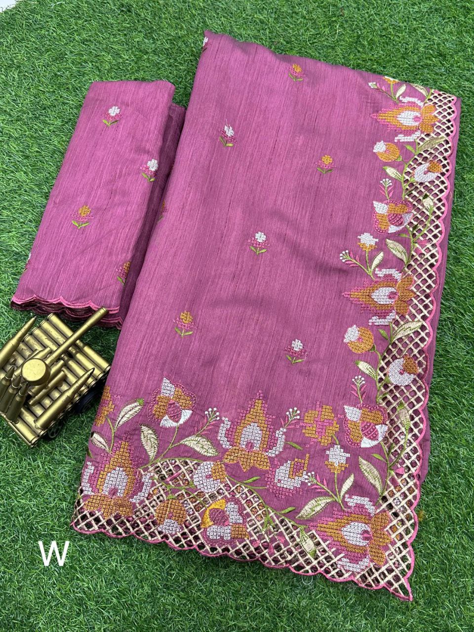 Elegant Cut Work Visca Slub Silk Saree with Embroidered Blouse - Pink
