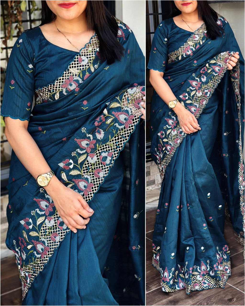 Elegant Cut Work Visca Slub Silk Saree with Embroidered Blouse - Blue