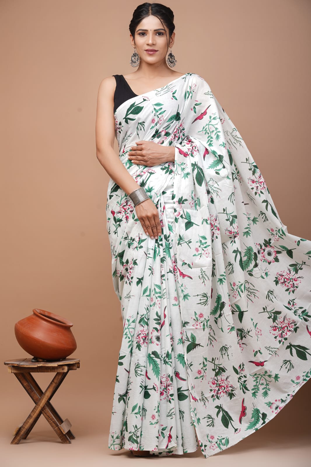 Bagru Block Print Cotton Mulmul Saree with Running Blouse - Default