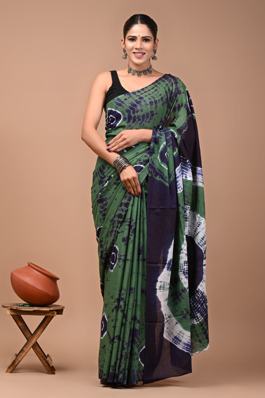 Bagru Block Print Cotton Mulmul Saree with Running Blouse - Default