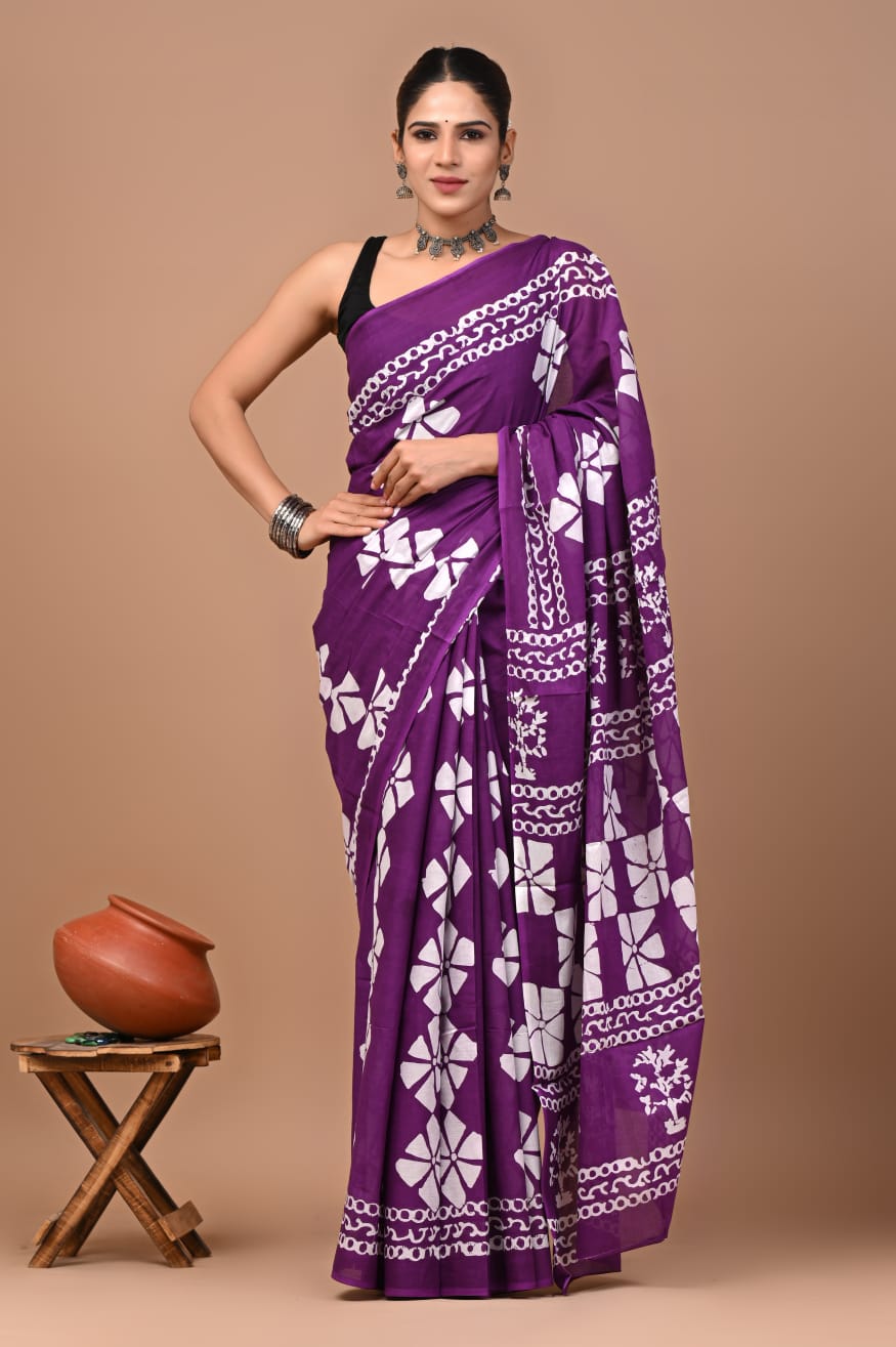 Bagru Block Print Cotton Mulmul Saree with Running Blouse - Default