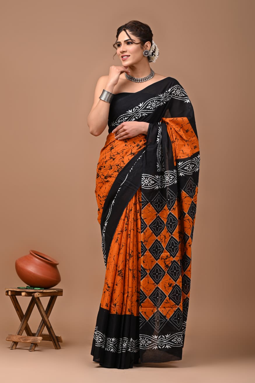 Bagru Block Print Cotton Mulmul Saree with Running Blouse - Default