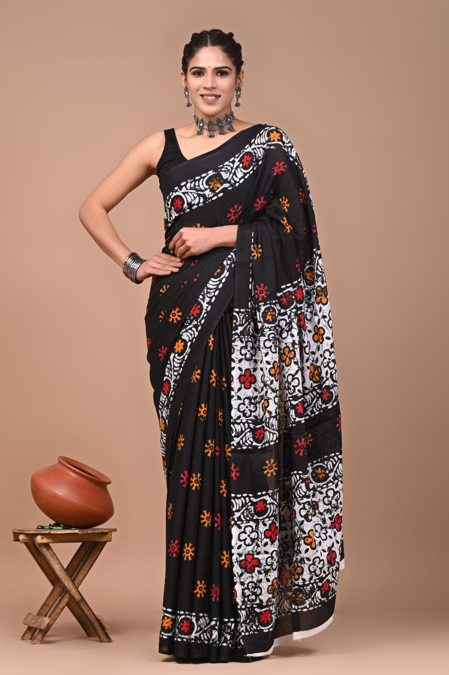 Bagru Block Print Cotton Mulmul Saree with Running Blouse - Default