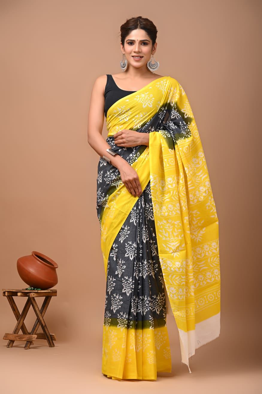 Bagru Block Print Cotton Mulmul Saree with Running Blouse - Default